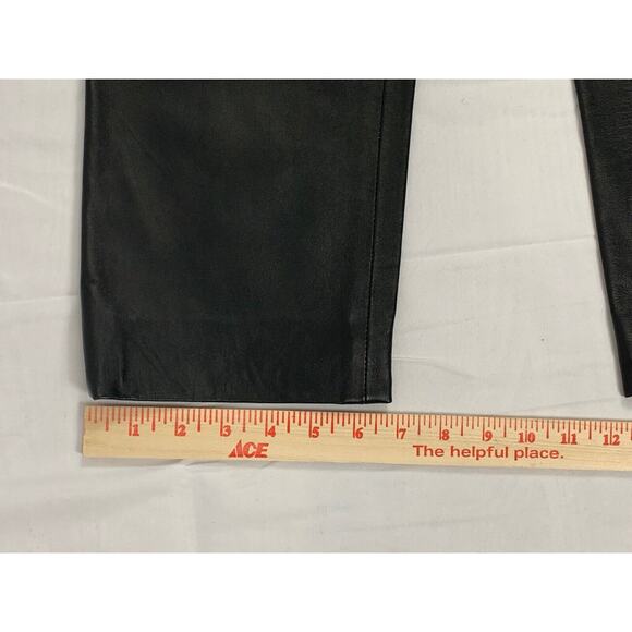 Black Italian Leather Straight Leg Side Zip Mid Rise Flat Front Leather Pants 4 - Picture 5 of 11